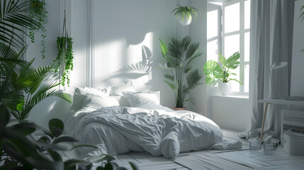 Softly lit tranquil bedroom with foliage shadows dancing on the walls and cozy bedding