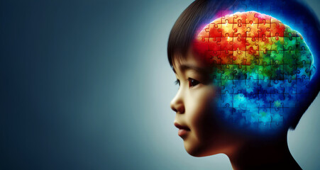 Child's head with colorful puzzle pieces, ADHD, attention deficit hyperactivity disorder, autism, mental health. with space for text - obrazy, fototapety, plakaty