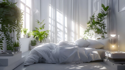 Serene bedroom scene with streaming sunlight through curtains and abundant green plants creating a tranquil space