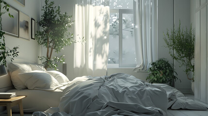 Inviting bedroom scene with soft morning light filtering through the window and lush green plants adding life