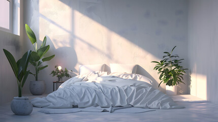 A modern bedroom bathed in morning sunlight with minimal furnishings and decor, portraying a calm vibe