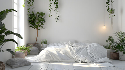 A fresh, airy white bedroom with sprawling plants and soft morning light creating a peaceful retreat