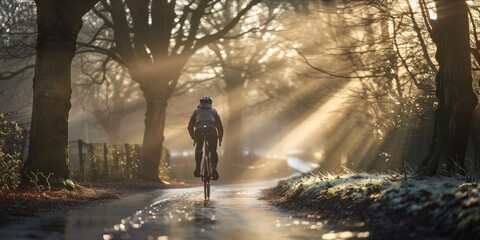 A cyclist riding on a wet path with sunlight shining through winter trees.