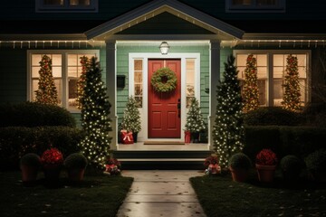 Fototapeta na wymiar burgundy front door and porch of classic suburban house facade exterior with green walls, decorated with festive christmas trees and wreath at night