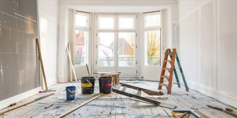 A bright, sunny room under renovation with painting and decorating tools scattered around.