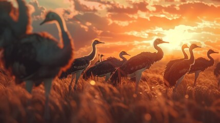 flock of ostriches playing on the savannah. Represents freedom and vitality. Pay attention to light, color and composition.
