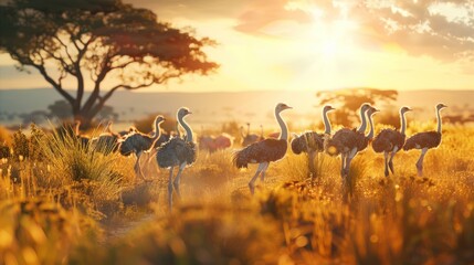 flock of ostriches playing on the savannah. Represents freedom and vitality. Pay attention to light, color and composition. - obrazy, fototapety, plakaty