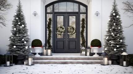 black front door and porch of classic suburban house facade exterior with white walls, decorated with festive christmas trees and wreath