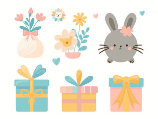 cute easter bunny with gift boxes and flowers