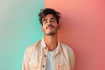 Fototapeta premium A man with a mustache and a necklace is standing in front of a pink wall