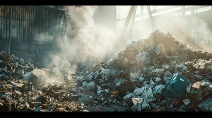 large pile of garbage emits a foul odor. Shows the problem of garbage pollution. - obrazy, fototapety, plakaty