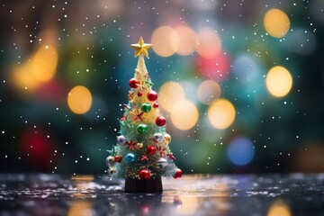 miniature small christmas tree on bokeh background - festive xmas horizontal banner with copy space
