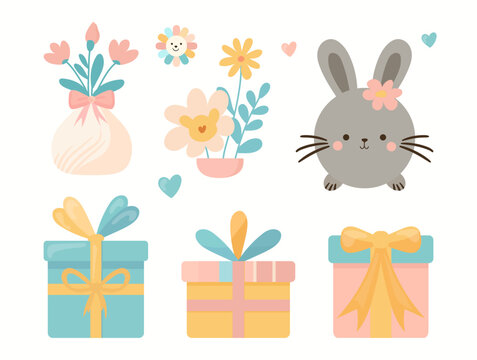 cute easter bunny with gift boxes and flowers