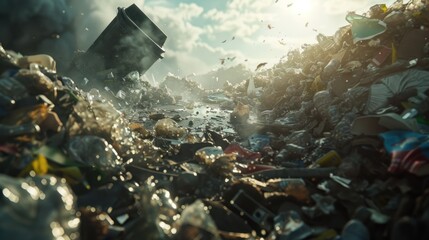 large pile of garbage emits a foul odor. Shows the problem of garbage pollution. - obrazy, fototapety, plakaty