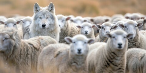 A wolf disguised among a flock of sheep. - obrazy, fototapety, plakaty