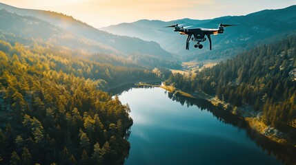 drone flying over a pine forest in Europe. Show off expansive landscapes, lakes, and mountains in...