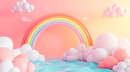 Stylized rainbow with clouds on a pastel pink and blue background. 3D illustration with a dreamy cloudscape. Fantasy and dream concept for design and print.