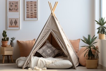 A cozy modern Indian-style childrens room, green plants and gray teepee tent