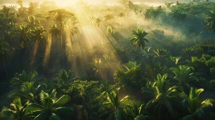 aerial photograph of a tropical rainforest in South America. Sunlight filters through the branches...