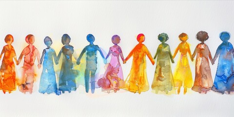 Watercolor illustration of diverse people holding hands in unity.
