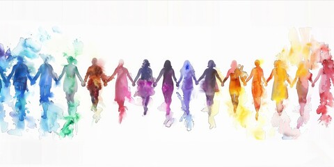 Watercolor illustration of diverse people holding hands in unity.