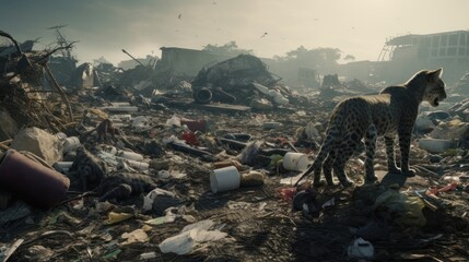 Animals scavenge and scatter garbage everywhere. The area around the garbage pile is dirty. - obrazy, fototapety, plakaty