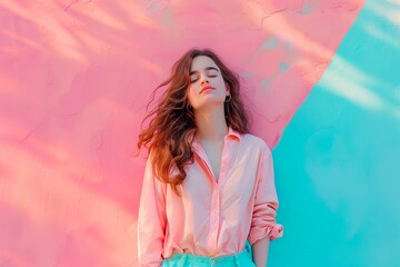Fototapeta premium A woman in a pink shirt is laying on a pink and blue wall