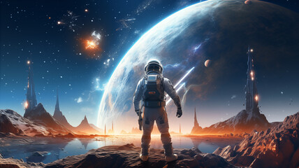 Astronaut stands on foreign planet's surface, looking out at space backdrop dotted with stars and distant planets