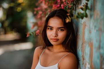 A woman is standing in front of a wall with pink flowers