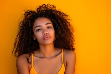 A woman with curly hair is wearing a yellow tank top and looking at the camera