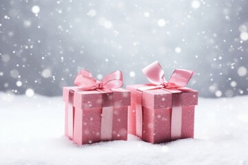 two pastel pink gift boxes in the snow with copy space with snow falling