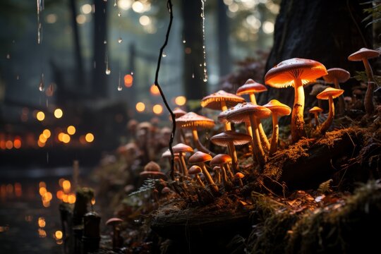 Fungus mushrooms of Agaricaceae family growing on forest floor