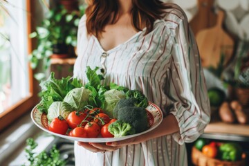 A pregnant woman with belly holding a plate with vegetables in hands. The concept for weight control and healthy eating during pregnancy