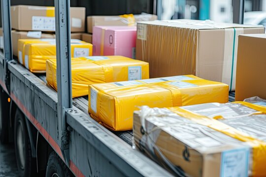 A truck is filled with boxes, some of which are yellow