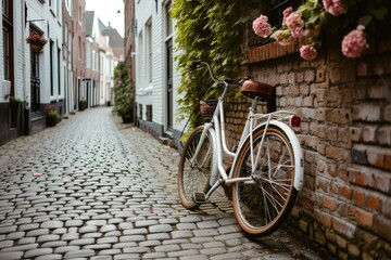 A white bicycle is parked on a cobblestone street next to a brick wall