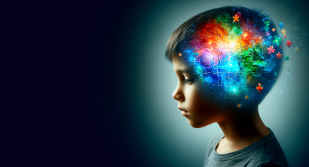 creative double exposure image featuring child's head filled with brain made of brightly colored rainbow puzzles highlights individuality and unique abilities of individuals with autism