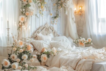 A bed with a white canopy and white sheets