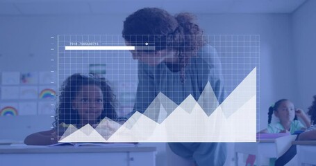 Animation of graph processing data over diverse female teacher and schoolgirl talking in classroom - Powered by Adobe