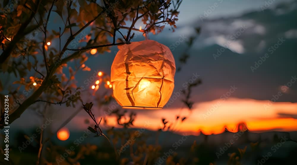 Wall mural a lantern hanging from a tree with a sunset in the background