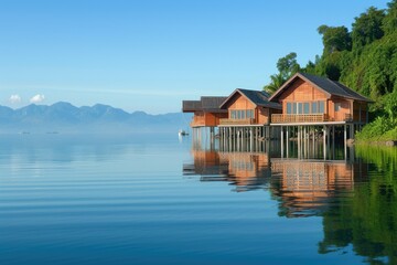 Fototapeta na wymiar A beautiful lake with two wooden houses on stilts