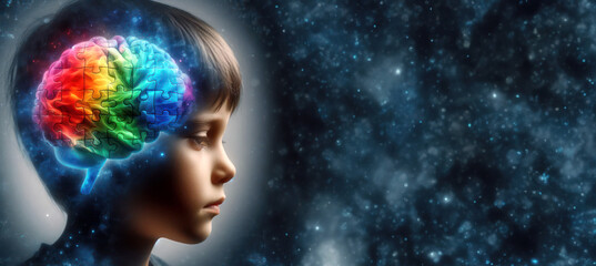Against a starry sky background, a boy's head with colorful puzzles or brain-shaped puzzle pieces. Banner with space for copying