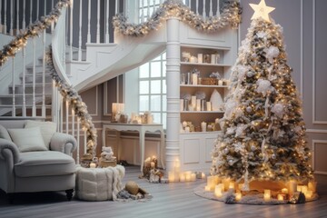 spiral white  staircase in cozy living room interior beautifully decorated for christmas season with xmas tree and garlands and candles