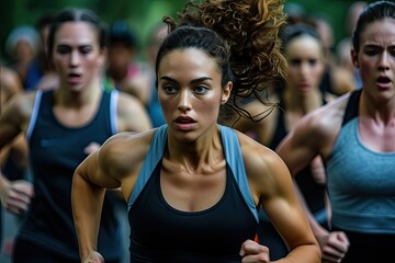 A woman running with her hair in a ponytail - obrazy, fototapety, plakaty
