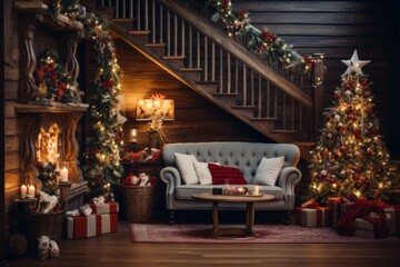 Fototapeta na wymiar Wooden staircase in cozy living room interior beautifully decorated for christmas season with xmas tree and garlands