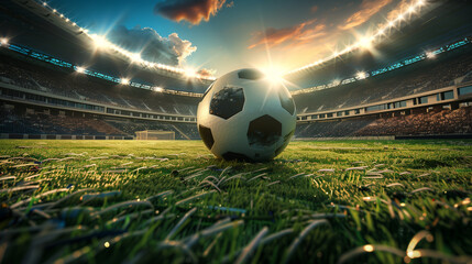 Close up of a football ball on a full stadium  - obrazy, fototapety, plakaty