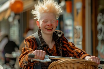 Joyful Teenager Riding a Bicycle in the City - obrazy, fototapety, plakaty