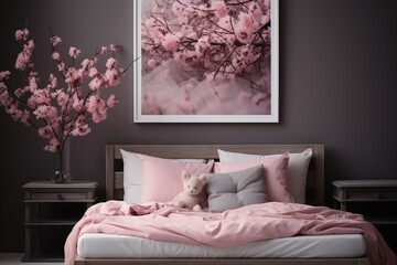 A cozy room for a girl in gray and pink tones, a bed with pillows and a soft toy, spring flowers