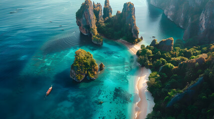A photo of the Railay Beach, with turquoise water as the foreground, during early morning light