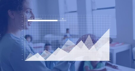 Animation of graph processing data over diverse female teacher and schoolchildren studying brain - Powered by Adobe
