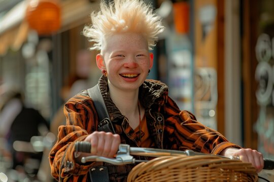 Joyful Teenager Riding a Bicycle in the City